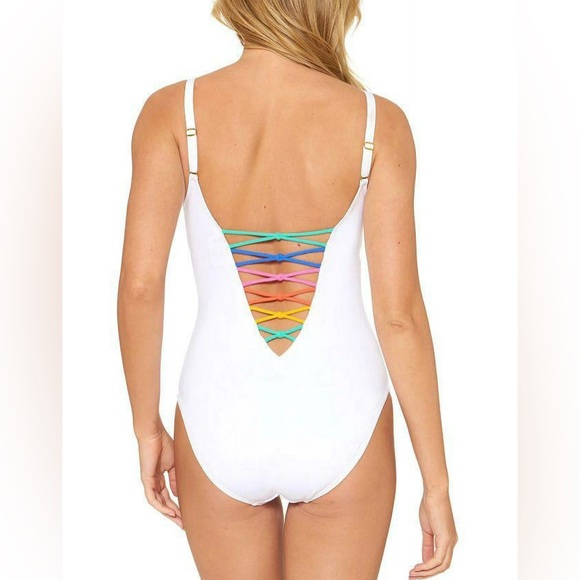New Bleu by Rod Beattie Core-Lace-Down Mio One-Piece in White Rainbow - Picture 2 of 6